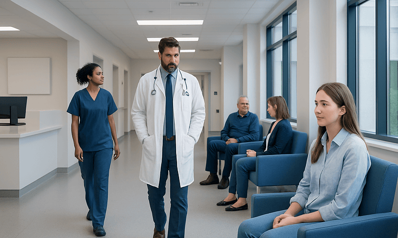 Doctor consulting patients in a hospital waiting area.