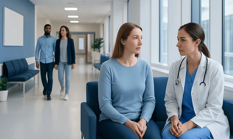 Doctor consulting with a patient in a hospital corridor.