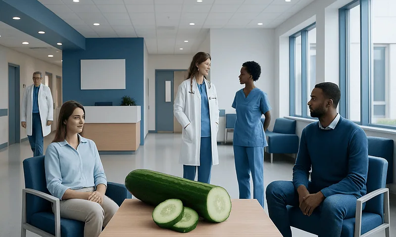 Medical consultation with a cucumber on the table in a hospital setting.