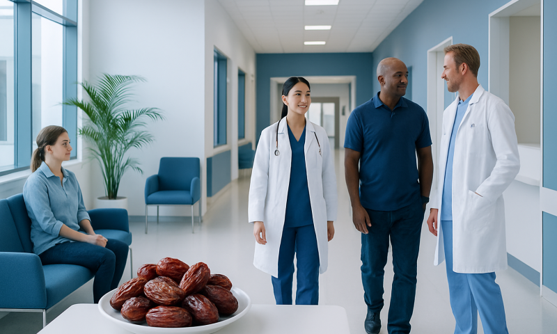 Doctors and patient in hospital corridor with dates on table.