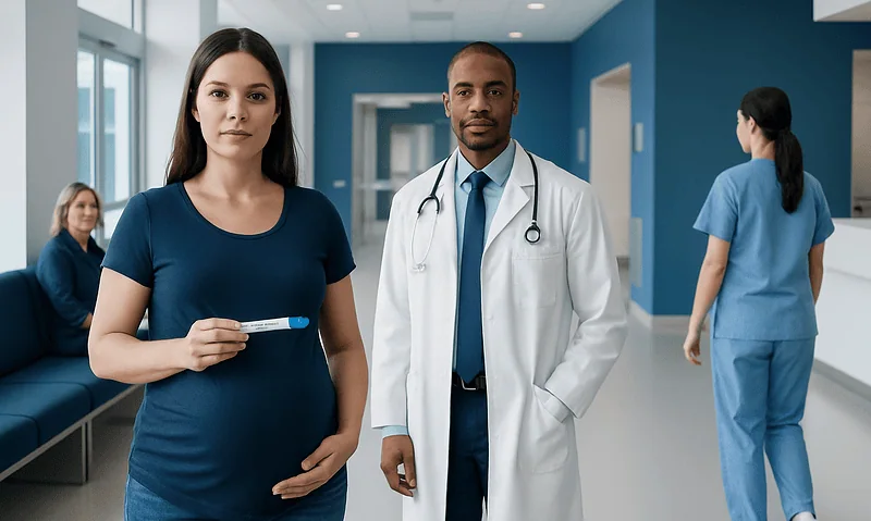 Pregnant woman and doctor in hospital corridor.