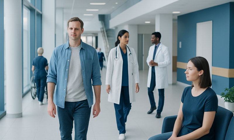 Patients and doctors in a modern hospital corridor at Acibadem Hospitals Group.