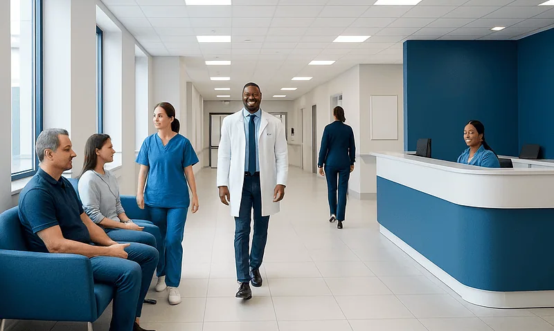 Healthcare professionals and patients in a modern hospital corridor.