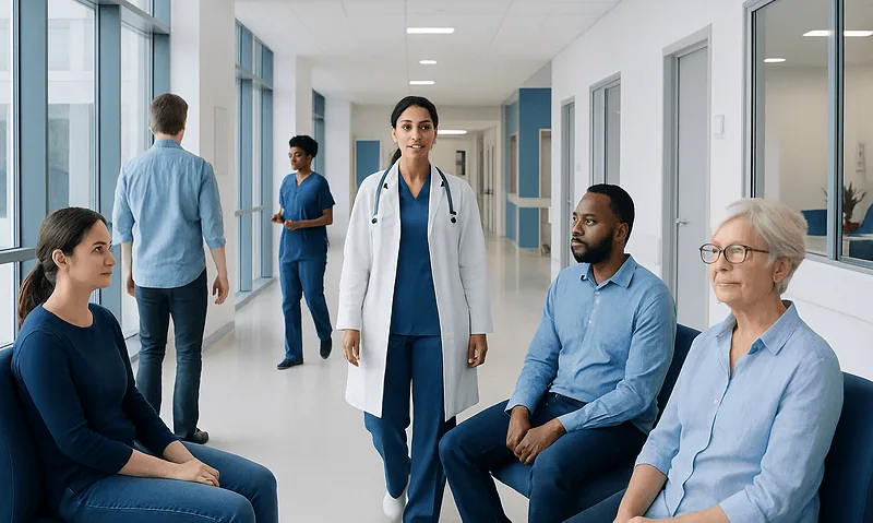 Healthcare professionals and patients in a hospital corridor.