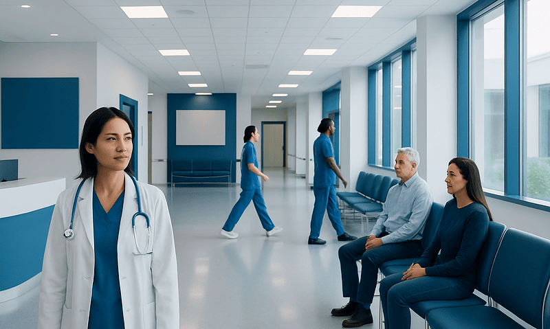 Modern hospital corridor with healthcare professionals and patients.