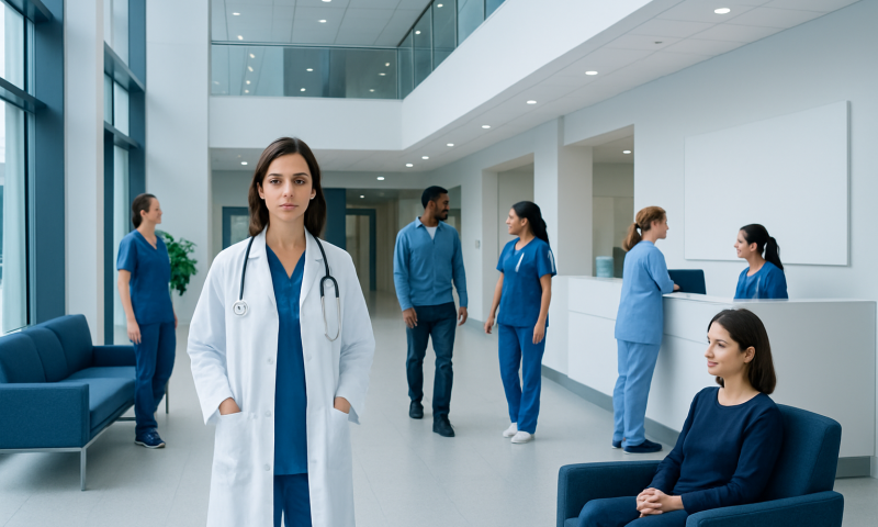 Healthcare professionals in a modern hospital lobby with a doctor in the foreground.