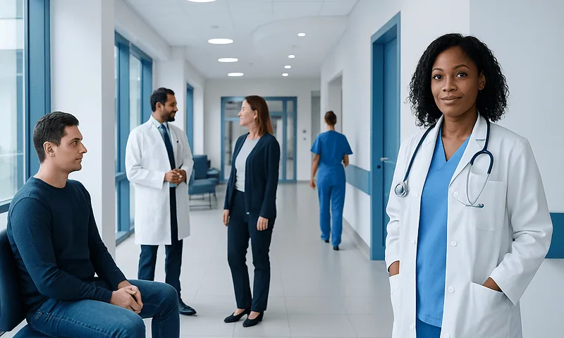 Healthcare professionals and a patient in a hospital corridor.