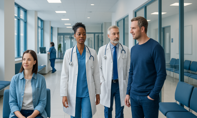 Medical team consulting in hospital corridor with patient.