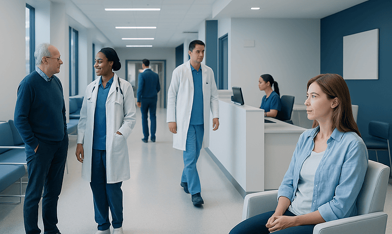 Healthcare professionals and patients in a modern hospital corridor.