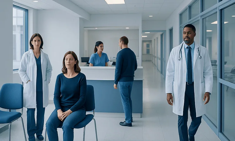 Medical staff and patient in a modern hospital corridor.