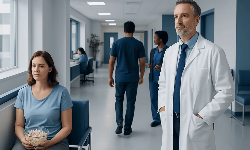 Patient in hospital waiting area with doctor and staff in background.