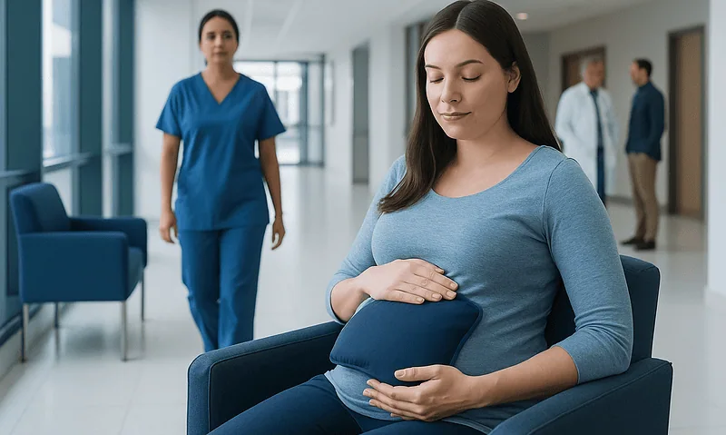 Pregnant woman in hospital waiting area holding her belly with healthcare staff nearby.