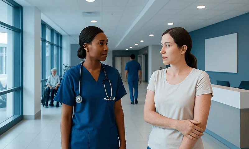 Healthcare professional and patient conversing in hospital corridor.
