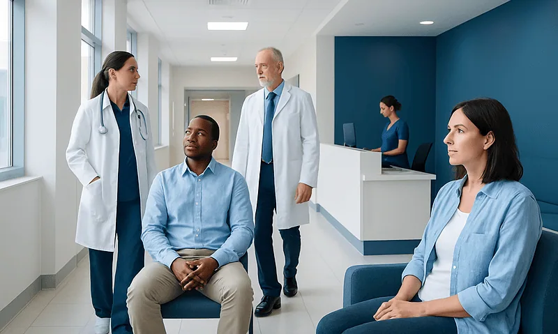 Medical consultation in a hospital with doctors and patients.
