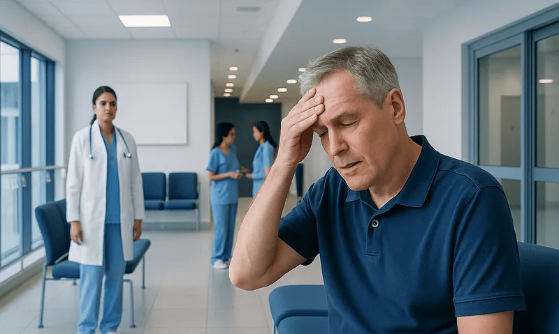 Man experiencing headache in hospital waiting area with medical staff in background.
