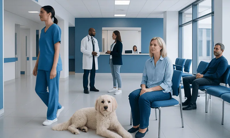 Veterinary clinic with staff, patients, and a service dog in a modern hospital setting.