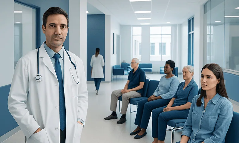 Doctor with patients in a hospital waiting area.