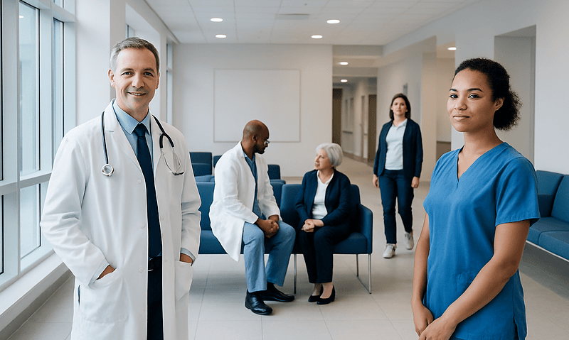 Healthcare professionals and patients in a modern hospital corridor.