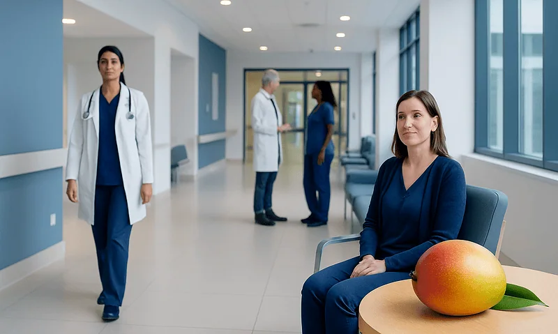 Healthcare professionals and patient in a modern hospital corridor.