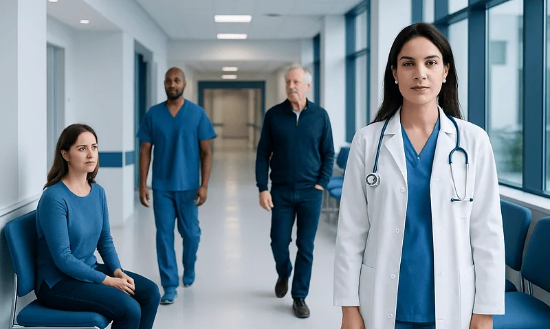 Healthcare professionals in a hospital corridor with a female doctor in focus.
