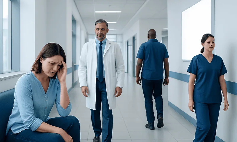 Are Migraines Neurological or Vascular? What Symptoms Can Overlap With Stroke 15 Patient with headache in hospital corridor with medical staff nearby.