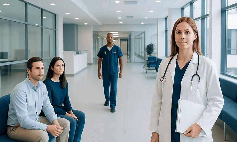 Healthcare professionals in a modern hospital corridor with a female doctor in the foreground.