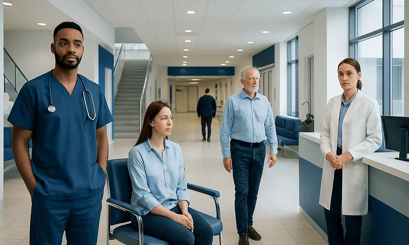 Diverse medical team in hospital corridor with patients and staff.