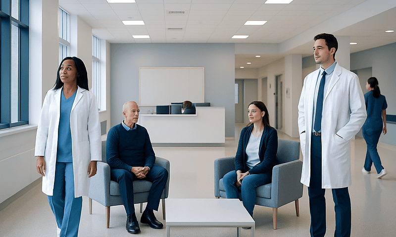 Medical professionals and patients in a hospital waiting area.