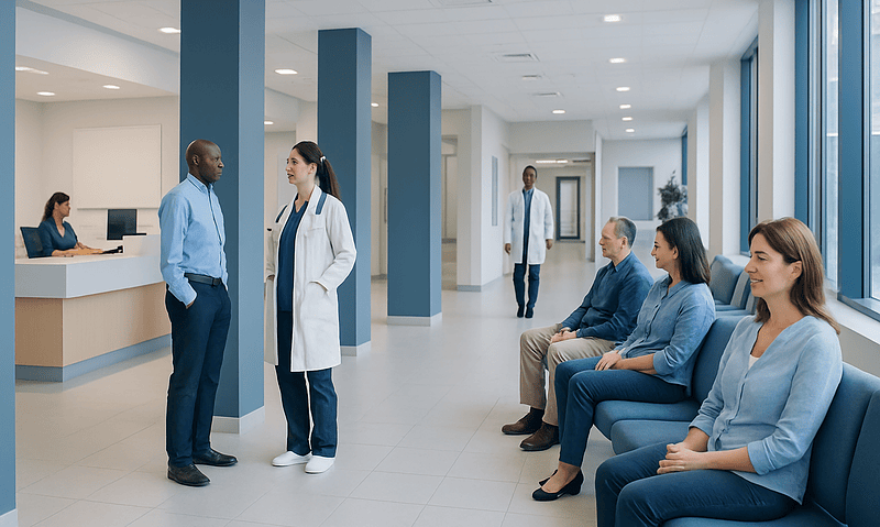 Hospital waiting area with doctors and patients in a modern medical facility.