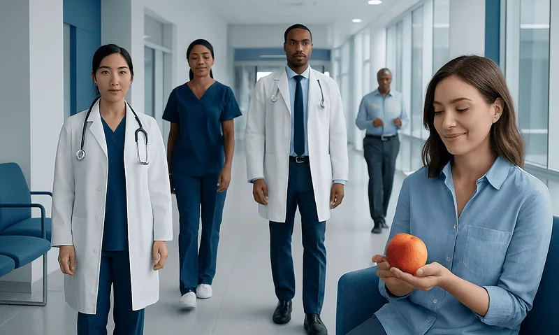 Are Peaches Good for You? Causes, Explanations, and Next Steps 3 Young woman holding an apple in a hospital corridor with medical staff nearby.