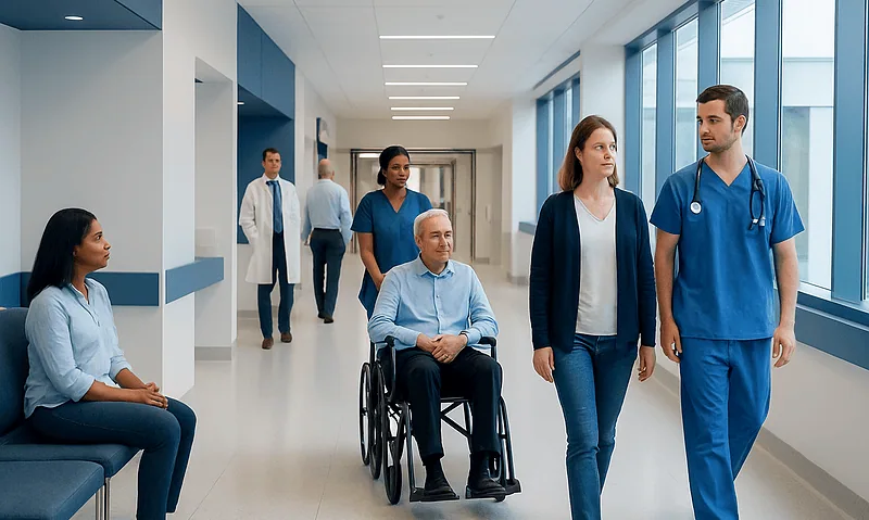 Hospital corridor with medical staff and a patient in wheelchair.