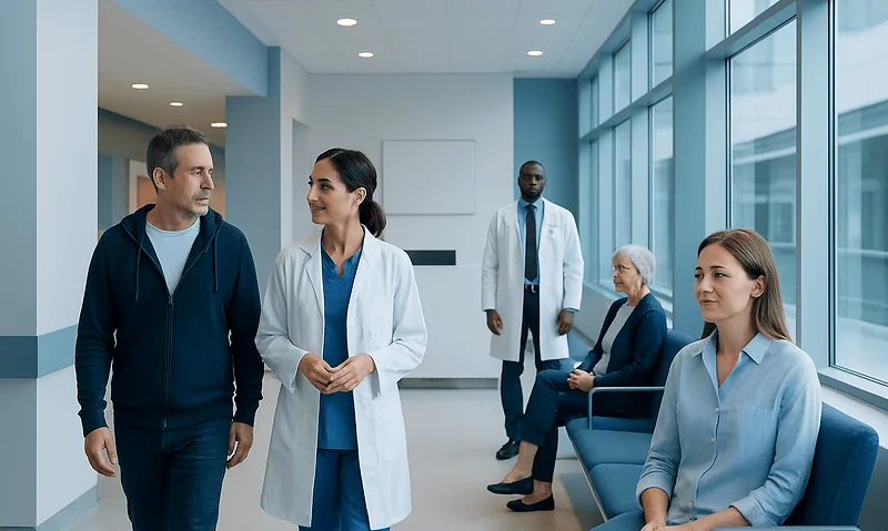 Medical professionals and patients in a modern hospital corridor.