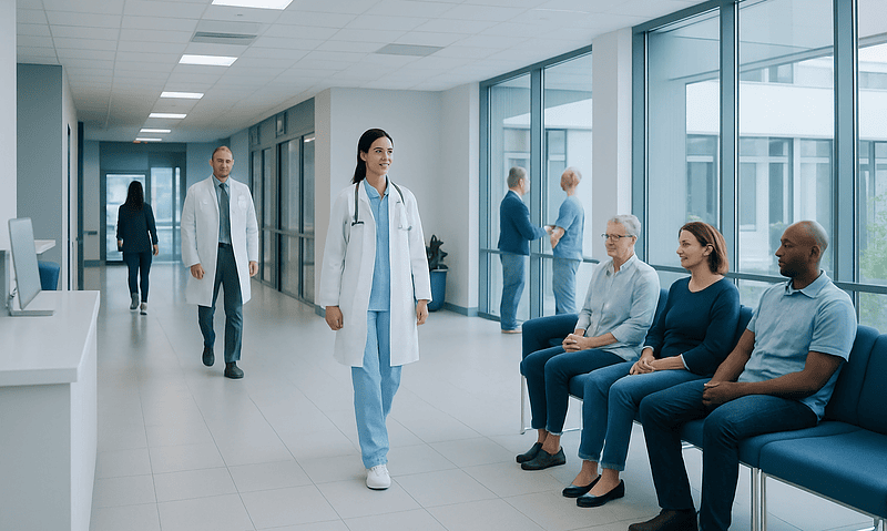Medical professionals and patients in a modern hospital corridor.