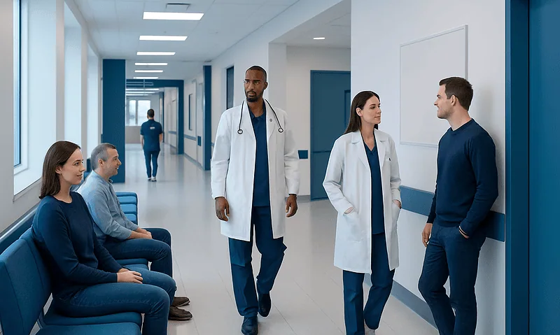 Healthcare professionals and patients in a hospital corridor at Acibadem Hospitals Group.