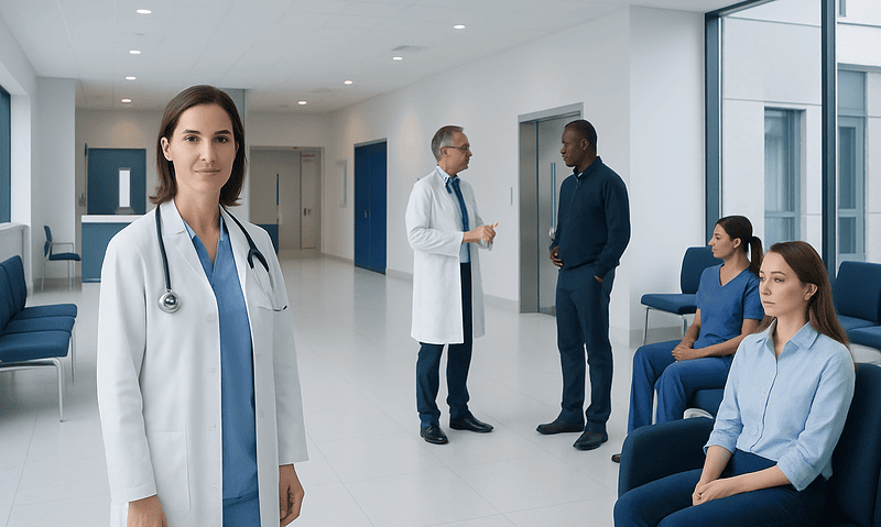 Medical professionals and patients in a modern hospital corridor.