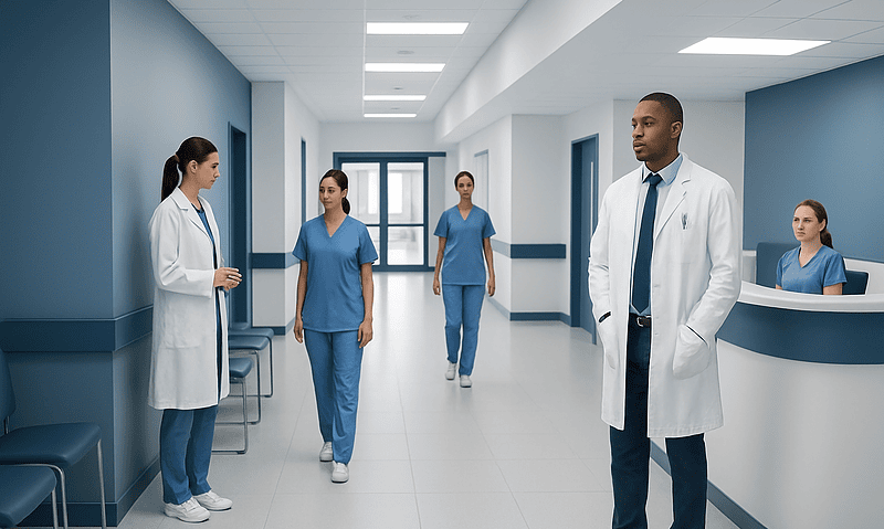 Medical team in hospital corridor with doctors and nurses in blue scrubs and white coats.