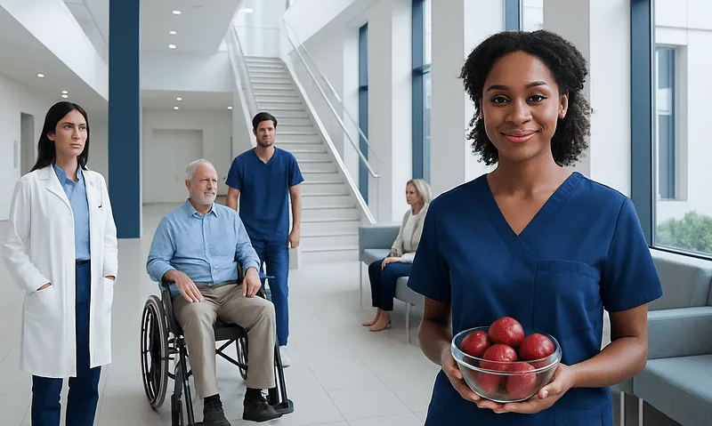 Healthcare professionals and a patient in a modern hospital lobby.