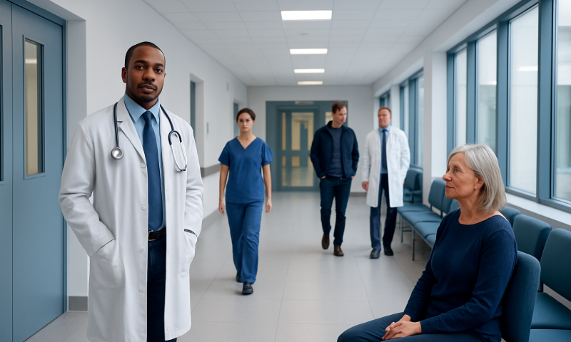 Medical team consulting with elderly patient in hospital corridor.