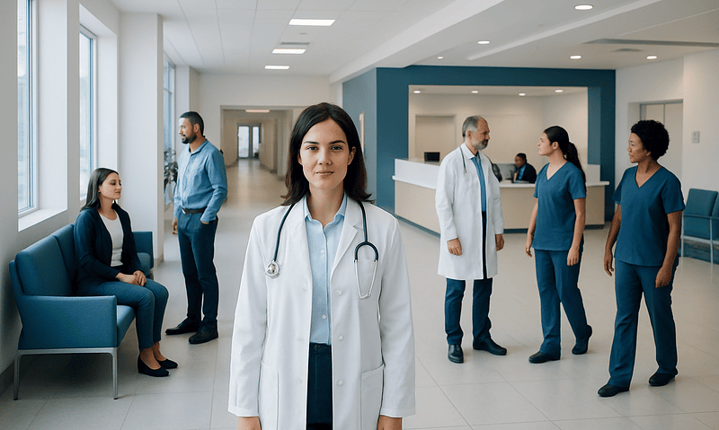 Healthcare professionals and patients in a modern hospital lobby.