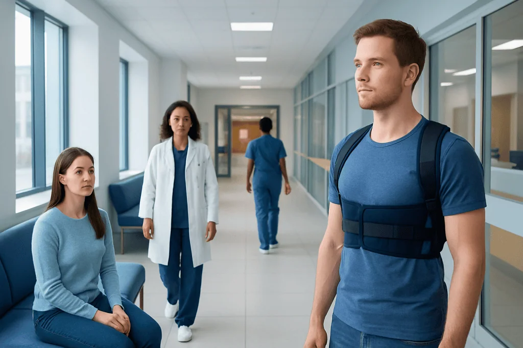 Best Posture Correctors: A Complete Medical Overview 1 Young man with backpack in hospital corridor with medical staff.
