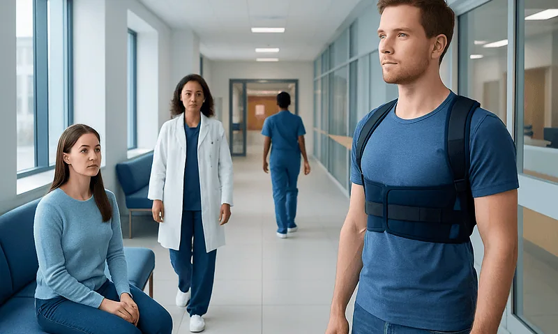 Young man with backpack in hospital corridor with medical staff.