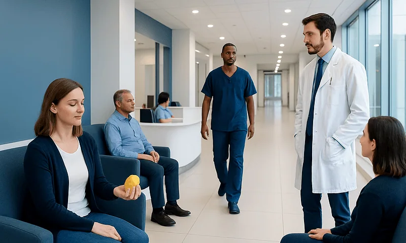 Patients waiting in a hospital corridor with a doctor consulting a woman.