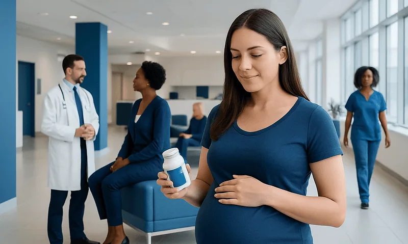 Benefits of Prenatal Vitamins While Not Pregnant: What Is Normal, What Is Not, and When to Seek Care 10 Pregnant woman holding prenatal vitamins in a hospital corridor.