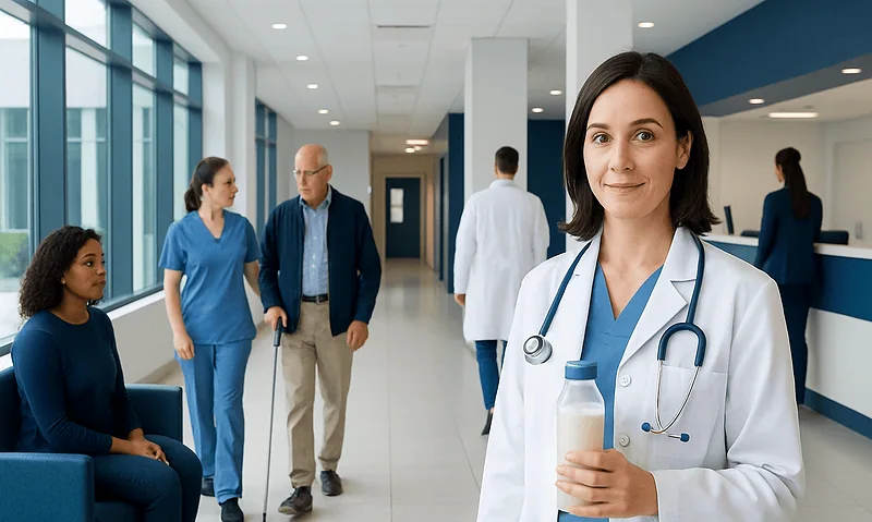 Healthcare professional holding a milk bottle in a hospital corridor.