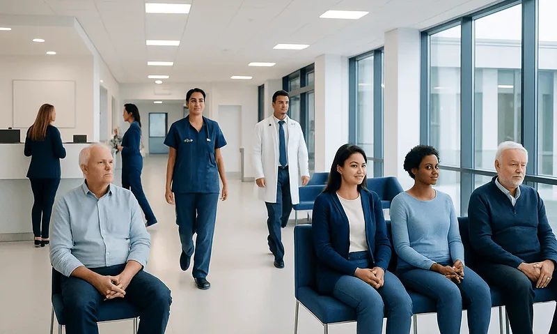 Patients waiting in a hospital corridor with medical staff nearby.