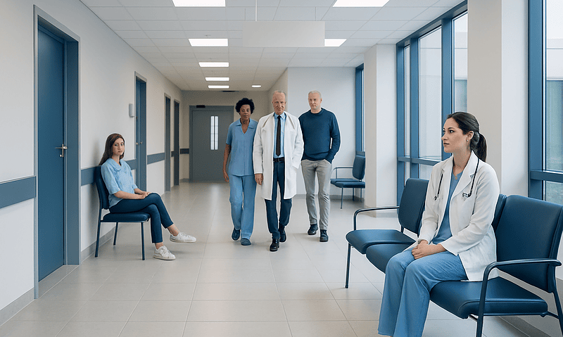 Medical team and patients in a hospital corridor at Acibadem Hospitals Group.