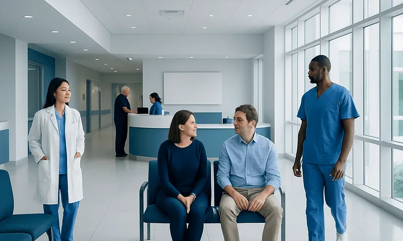 Hospital waiting area with patients and medical staff in a modern facility.