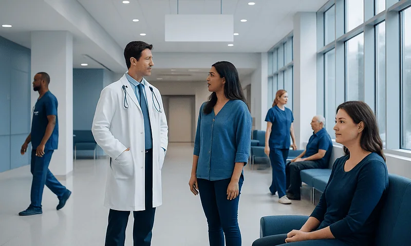Doctor talking to a patient in a hospital corridor with staff and patients nearby.