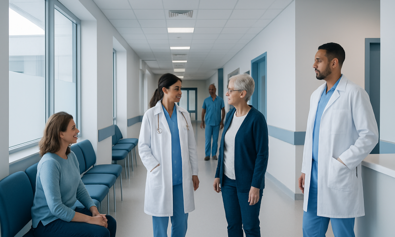 Healthcare professionals consulting with a patient in a hospital corridor.