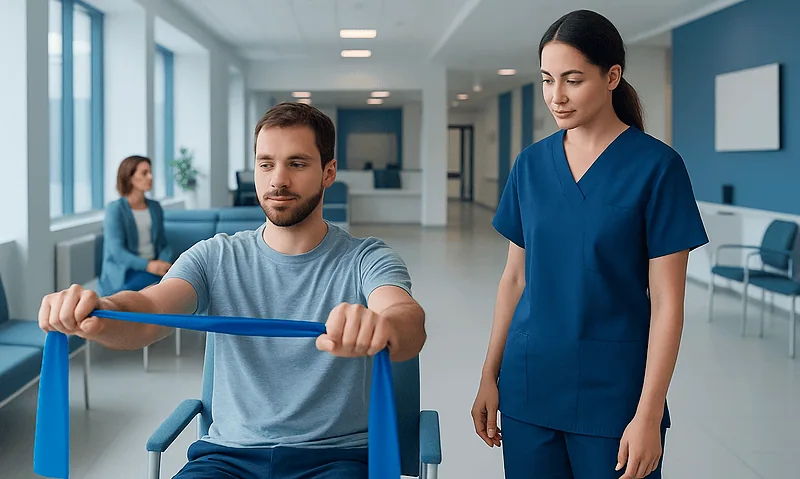 Patient using resistance band for shoulder exercise in hospital setting.